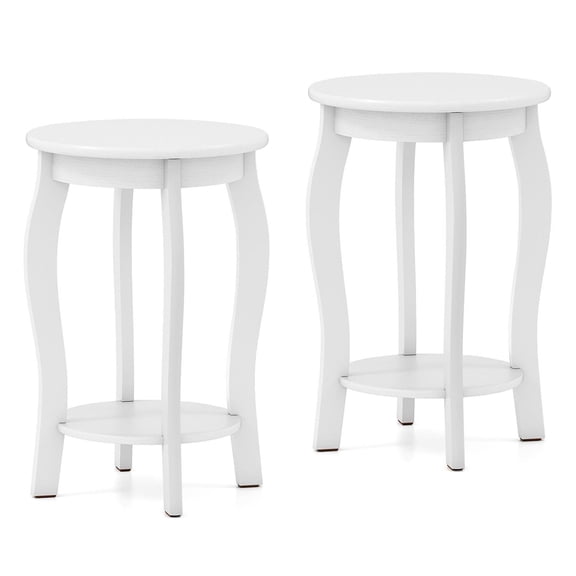 Demi Bonn 15" 2-Tier Round End Table, Solid Rubber Wood Legs, Storage Shelf, White