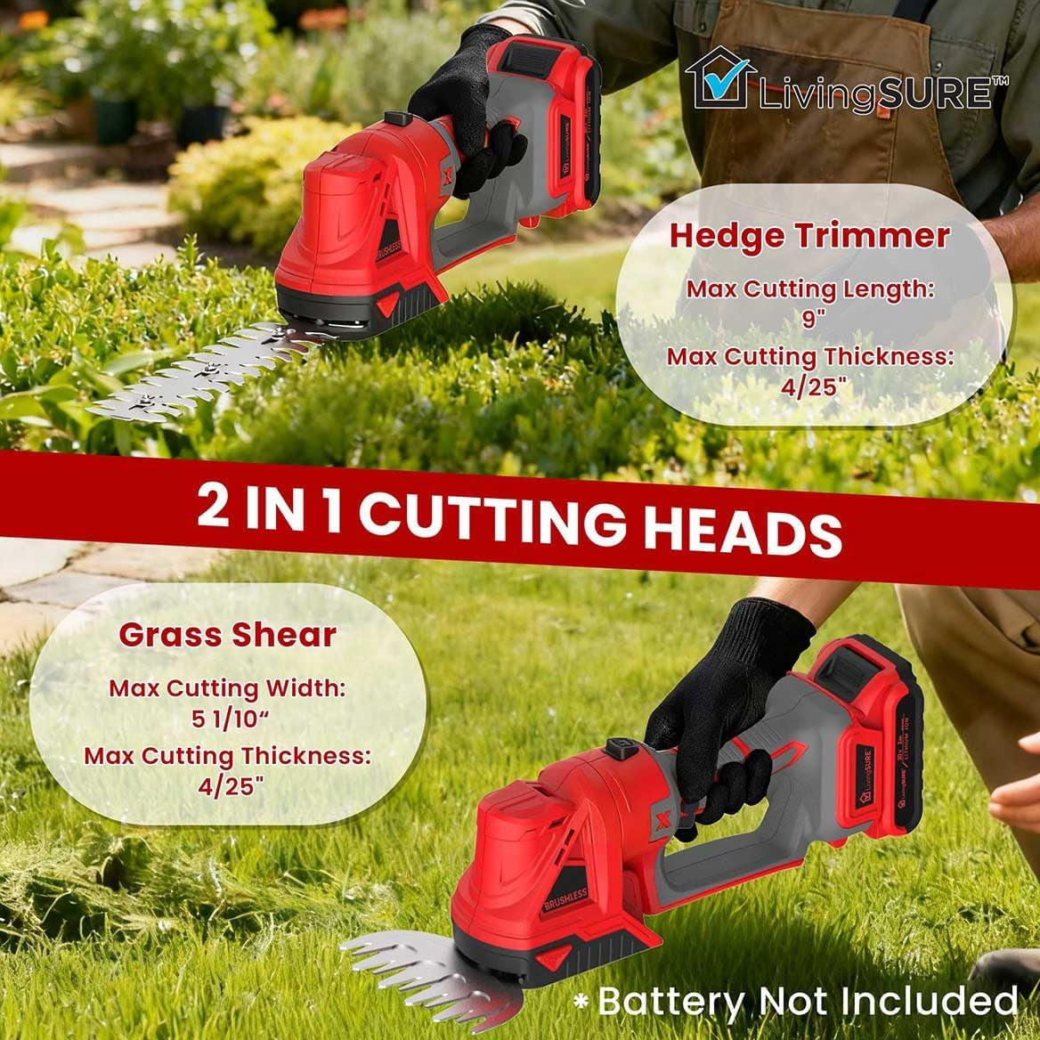 2-in-1 Cordless Mini Hedge Trimmer Electric Dual-Function Gardening Power Tool for Shrubs and Lawns