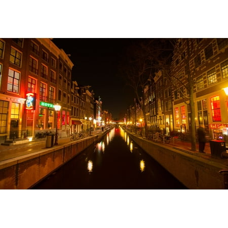 Canvas Print Night Light Amsterdam Red Canal Glow Neon Stretched Canvas 10 x