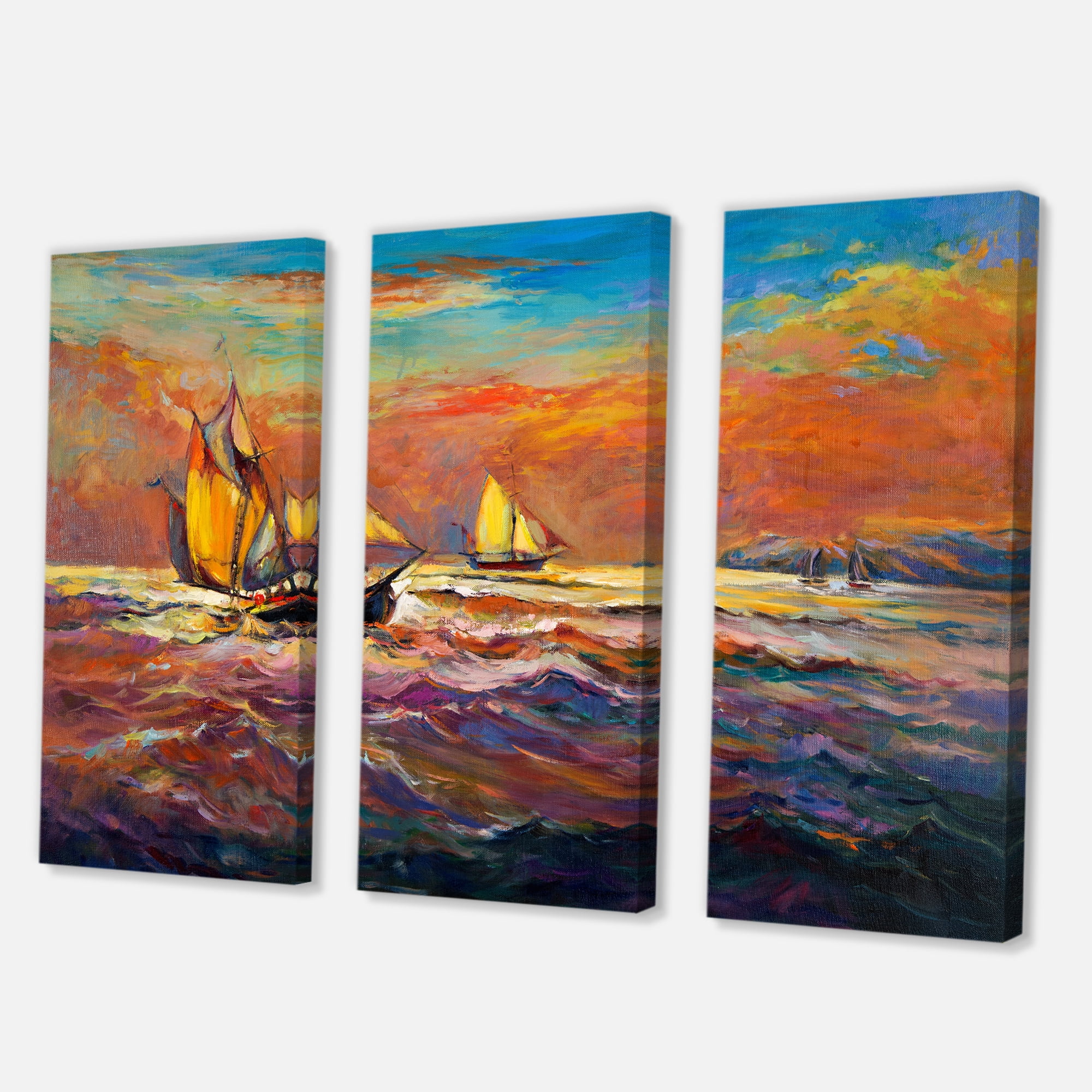 Designart ' Sailships On The Ocean Waves During Orange Evening Glow ' Nautical & Coastal Canvas Wall Art Print