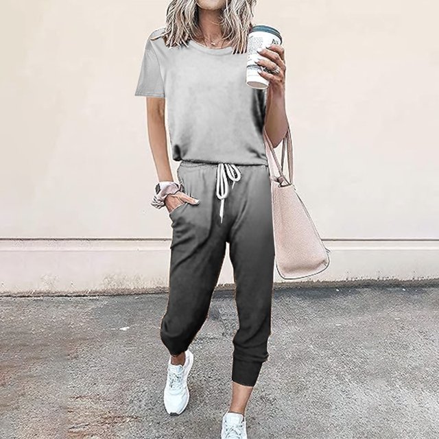 BRGZLK Womens 2 Piece Outfits 2025 Summer Gradient Tracksuit Sets Round Neck Short Sleeve Tops Drawstring Long Pants Jogger Lounge Set with Pockets Black S