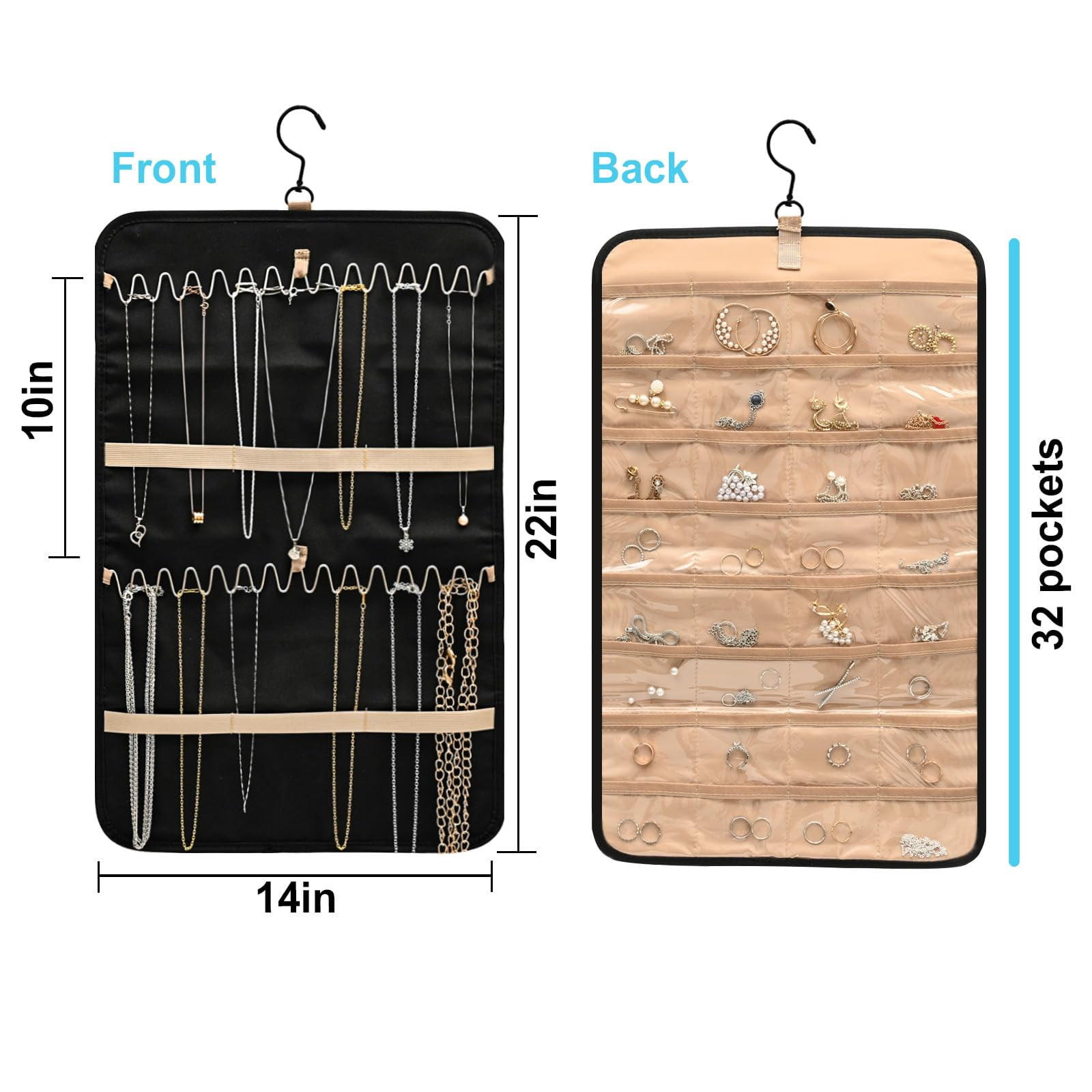 Hanging Jewelry Organizer with Metal Hooks Double-Sided Jewelry Holder, Necklace Holder with 32 Pockets, Jewelry Roll for Earrings, Necklaces, Rings on Closet, Wall, Door, 1 Piece