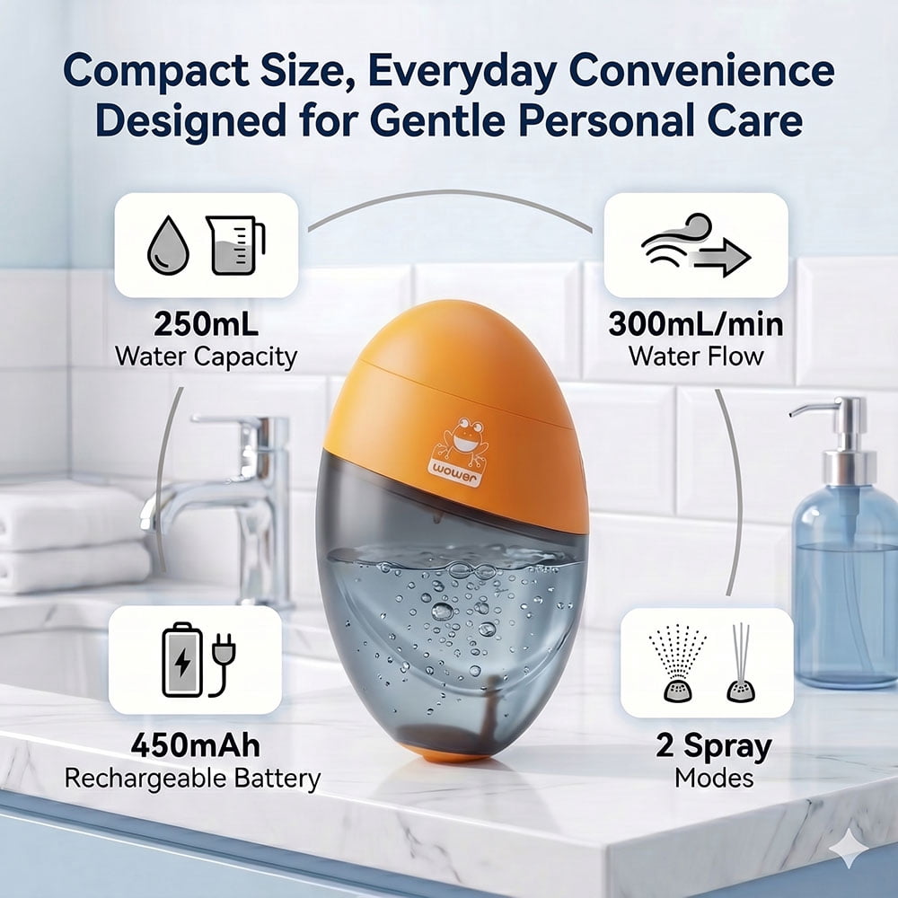 WOWER Rechargeable Portable Bidet, Electric Travel Bidet Sprayer with 300mL Water Tank, USB Charging, 2 Spray Modes