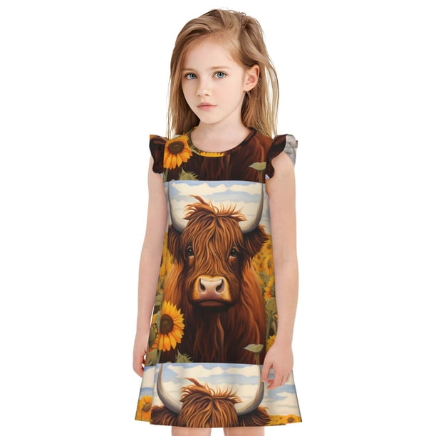 Fotbe Countryside Sunflower Cow Vestido de Dormir para Niñas de 3 a 10 Años, Mangas Cortas, Estilo Princesa, Pijama Camisón con Mangas Voladas-X-Large