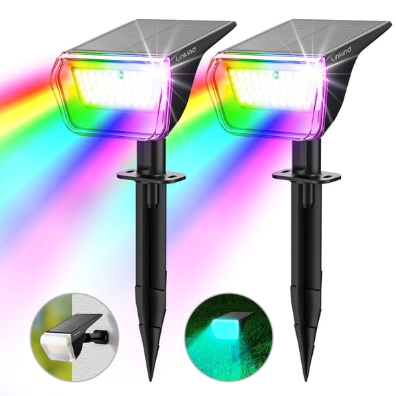Linkind Solar Lights Outdoor, 50 LEDs IP67 Waterproof Solar Spotlights Outdoor, Color Changing Solar Landscape Lights for Patio, Garden, Pathway, Yard (2 Pack-Multicolor)