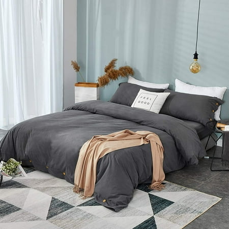 Washed Cotton Effect Comforter Cover, Dark Gray Duvet Cover Twin