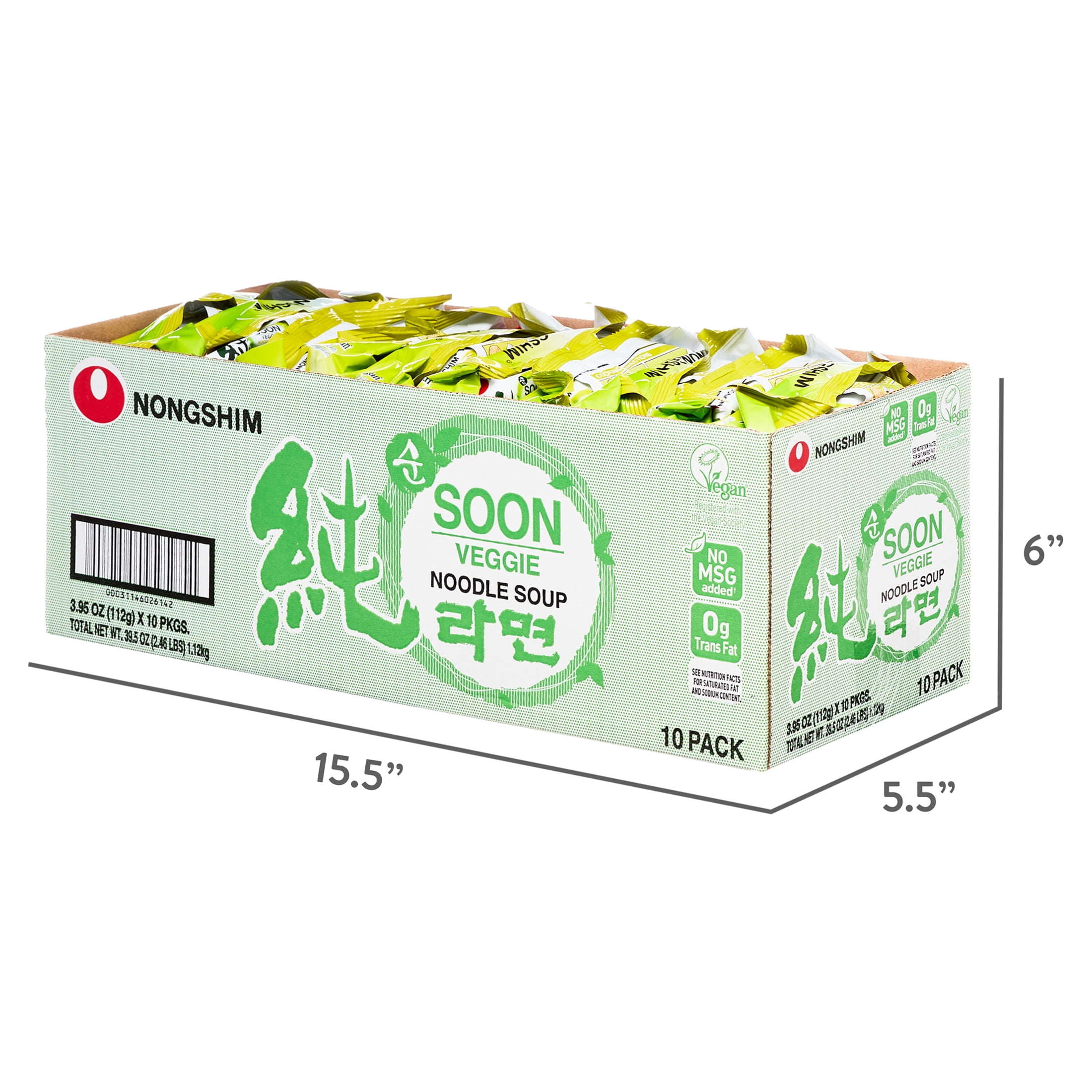 Nongshim Soon Veggie Vegan Ramen Noodle Soup, 3.95oz, 10 Count Pack