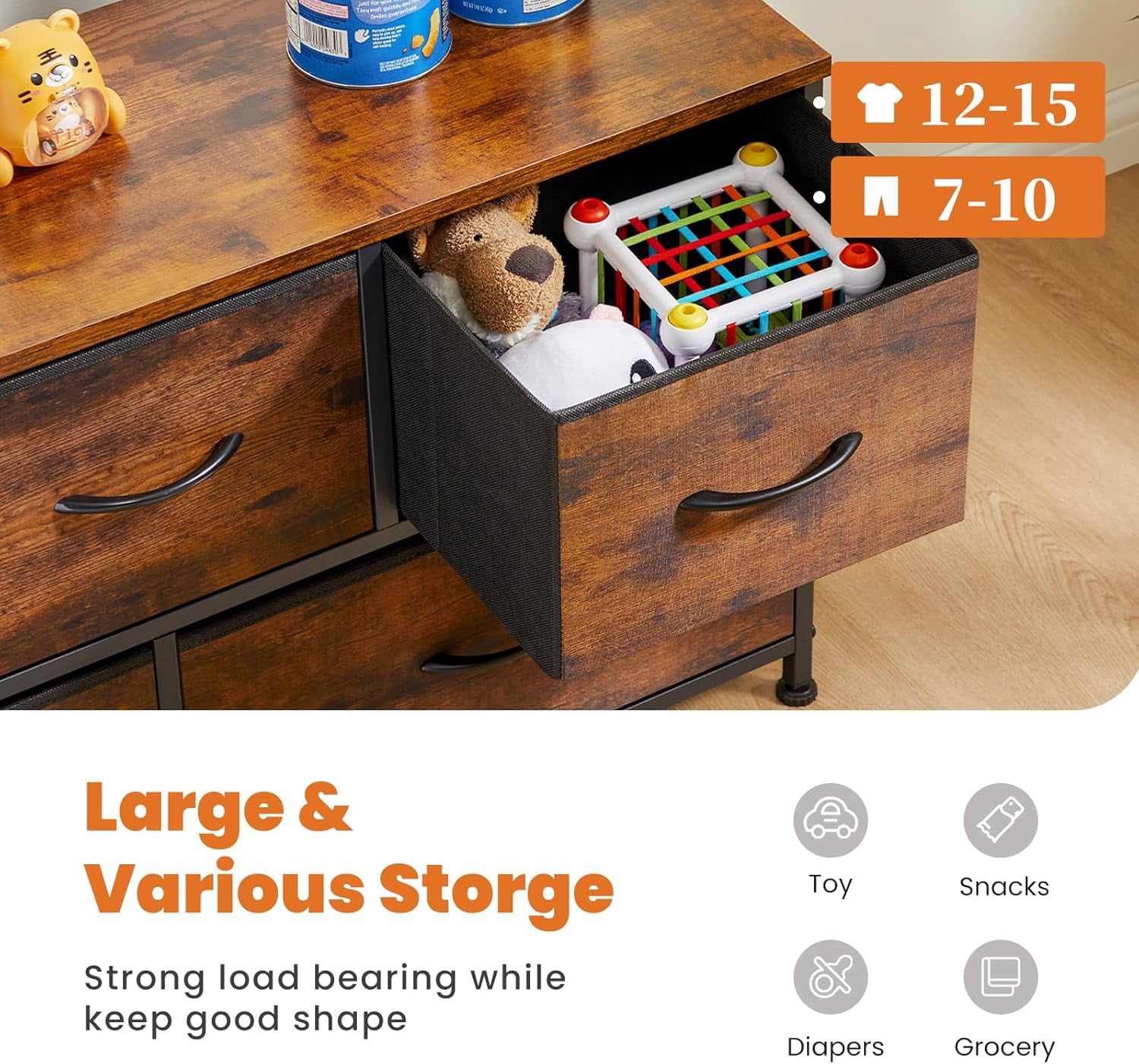 Bigleap TV Stand for Bedroom, TV Dresser for 45 inches, Media Console Table, Entertainment Center with 5 Fabric Drawers Cabinet and Open Storage Shelf Furniture Cabinet for Living Room, Brown