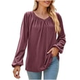 thumbnail image 2 of Leesechin Women's Fashion Solid V-Neck Pleated Long Sleeve Loose T-shirt Top in Clearance, 2 of 4