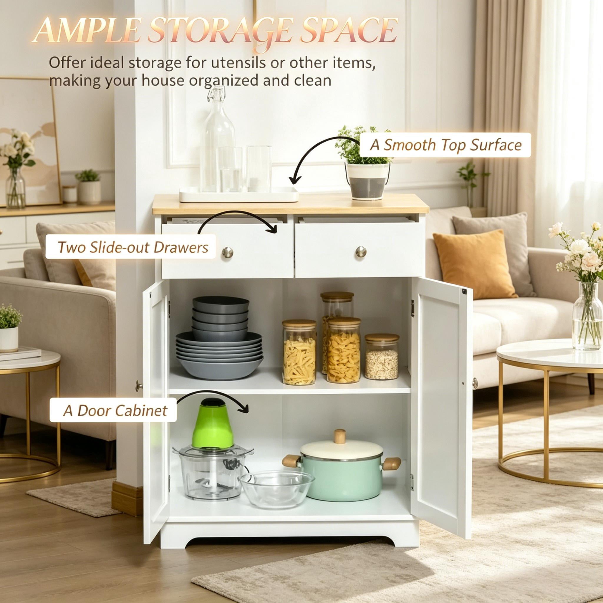 Two-Tone Utility Storage Cabinet with Drawers & Adjustable Shelf Cupboard, Space-Saving Engineered Wood Buffet Sideboard for Kitchen Apartment Living Room Bathroom