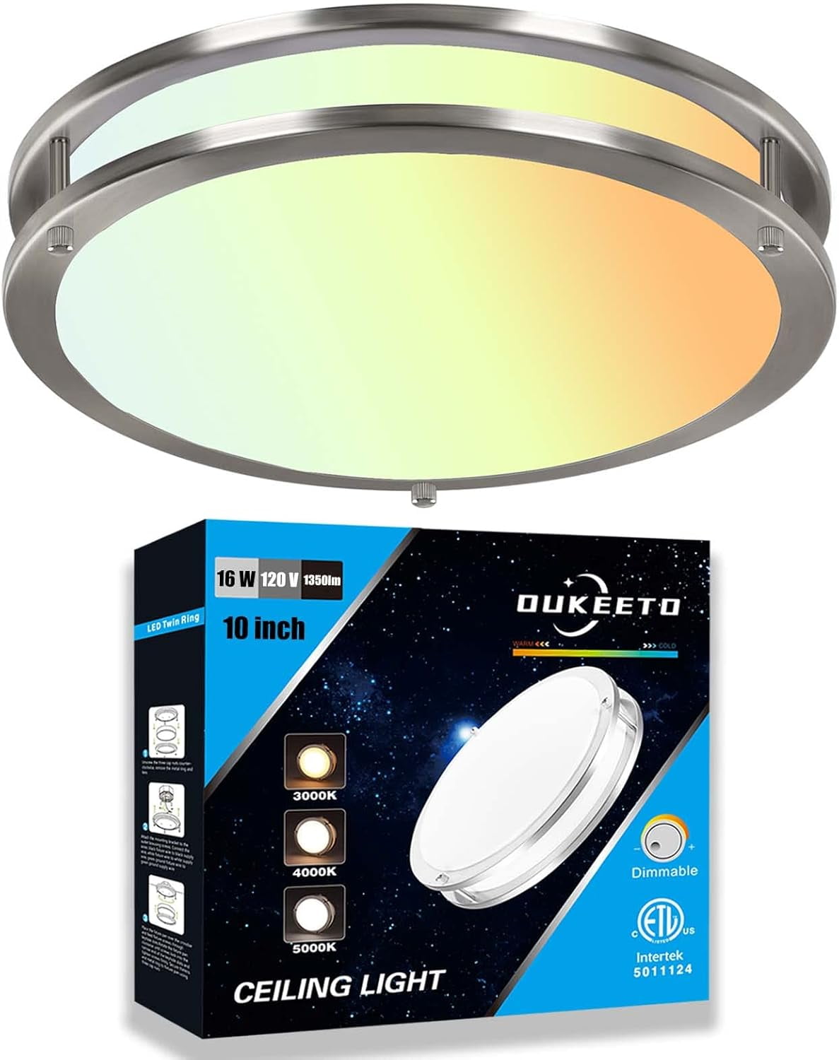 RGHJAR-LED Flush Mount Ceiling Light - 10 Inch Ceiling Light Fixtures 3000/4000/5000K Adjustable, 16W (120W Equivalent), 1350LM, Dimmable Light Fixture for Bedroom, Kitchen, Bathroom, Energy Star, ET