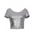 thumbnail image 3 of Women'S Sequin O-Neck Short Sleeve Crop Top Tee, 3 of 3