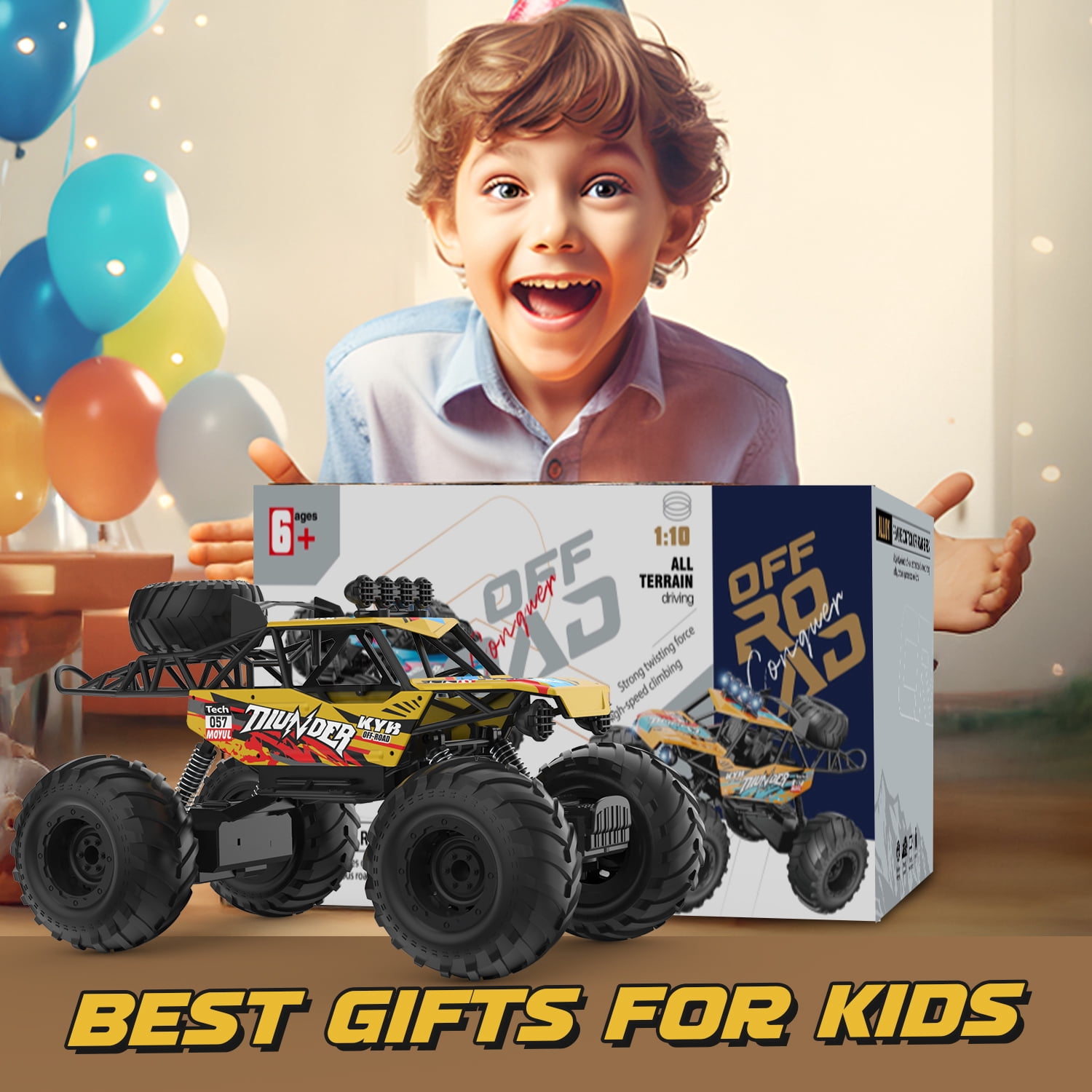 JoyStone 1:10 RC Cars for Kids , 2.4Ghz RC Monster Truck with Light, 2 Batteries, 60+ Mins, Off Road Vehicle for Adults, Yellow