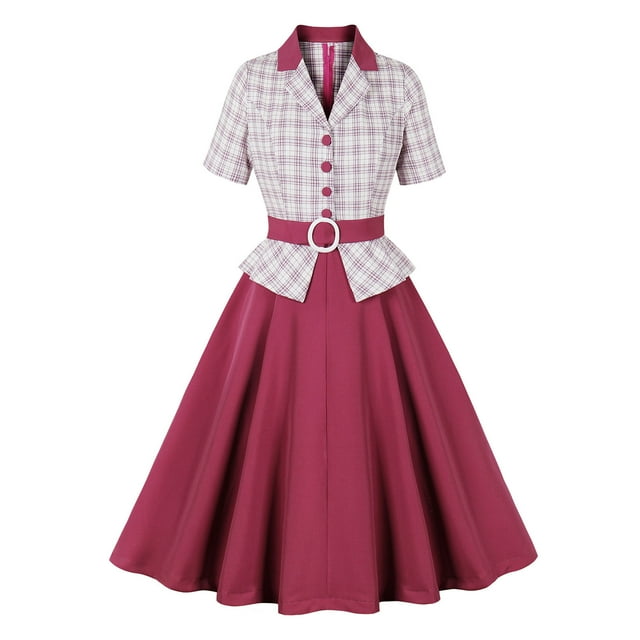 AherBiu Robes Vintage pour Femmes, Robe de Soirée à Carreaux des Années 1950, Longueur Genou