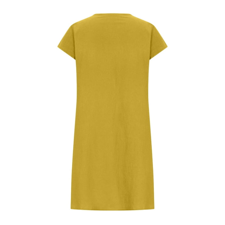 Atogsazn Linen Dresses for Women Crewneck Short Sleeve Empire Waist Dress Trendy Smocked Flowy Boho Dresses 2025 Yellow XL, Women's