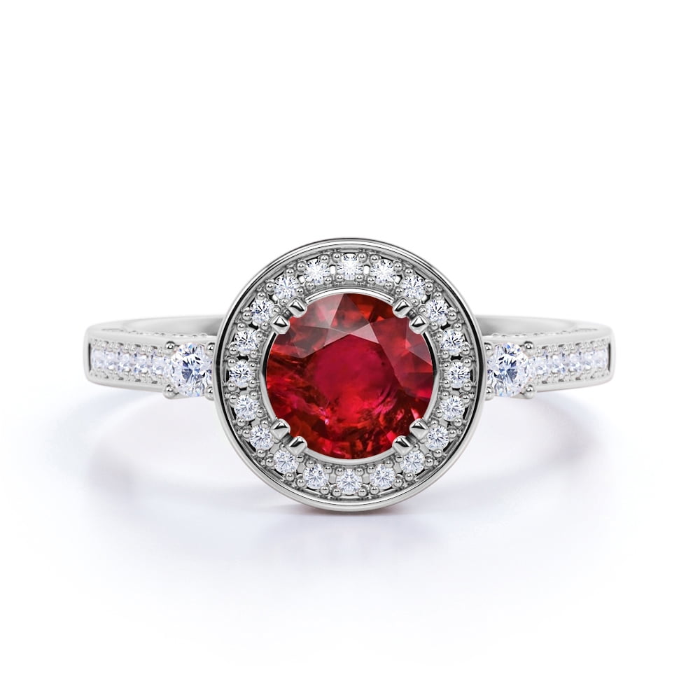 JeenMata - Vintage 1.75 ct Round Genuine Blood Ruby & Diamond 3 Stone ...