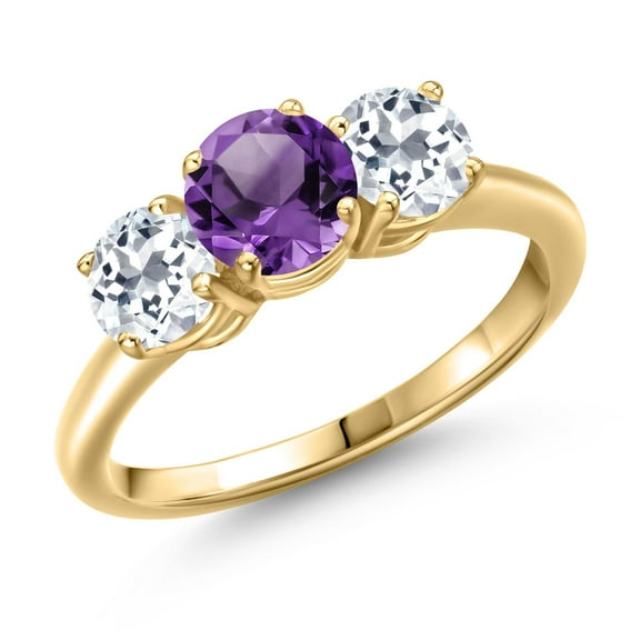 Gem Stone King 18K Yellow Gold Plated Silver Purple Amethyst and White Topaz Engagement Ring for Women | 2.20 Cttw | Round 6MM | Gemstone February Birthstone | Size 8