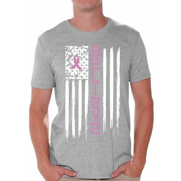 Awkward Styles Believe Tshirt Cancer Shirts Cancer Flag T-Shirt Breast Cancer Awareness Shirts for Men Pink Ribbon Flag Men's Shirt American Cancer Flag T Shirt Cancer Survivor Gifts for Him