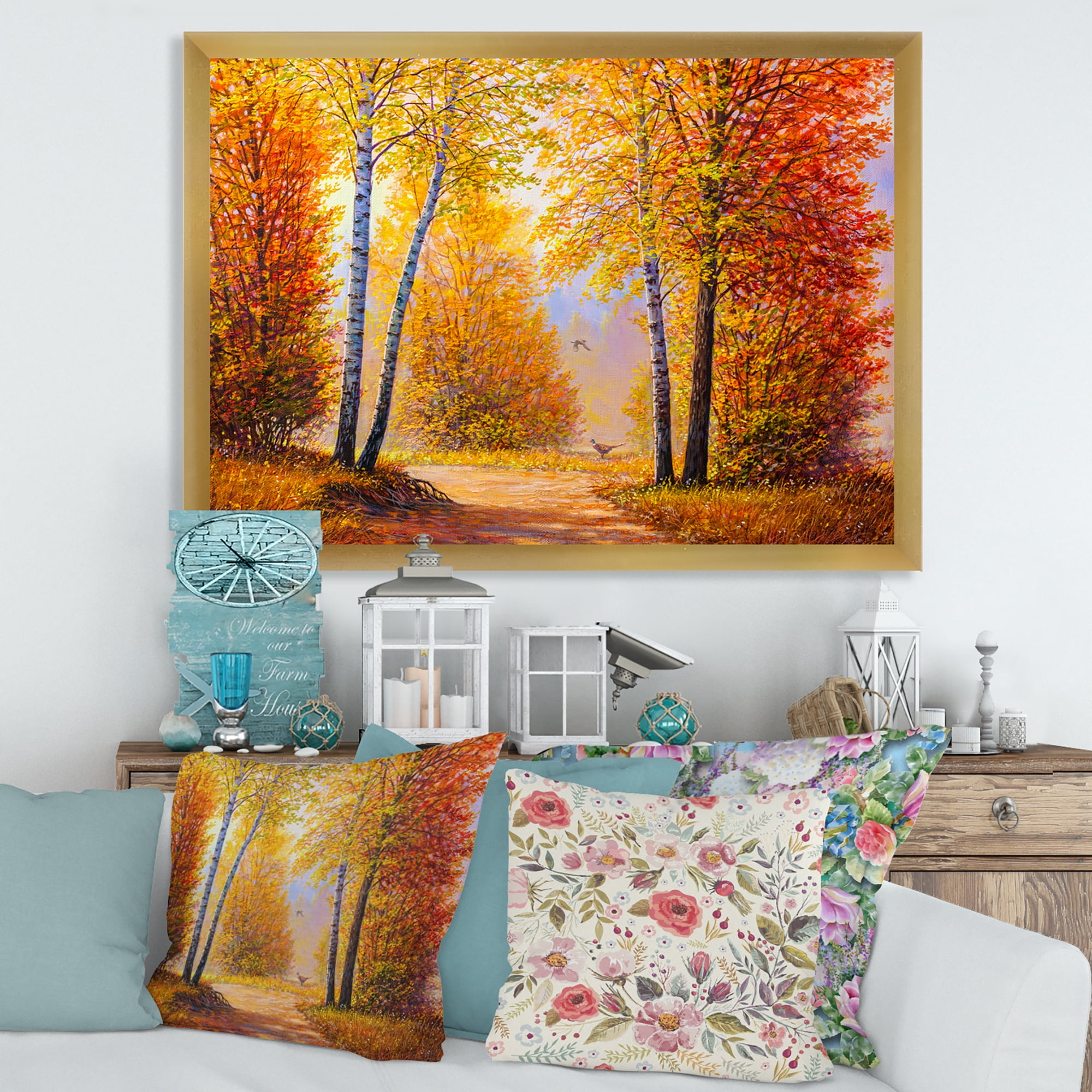 Designart 'Sunrise Glow Through The Autumn Trees' Lake House Framed Art Print