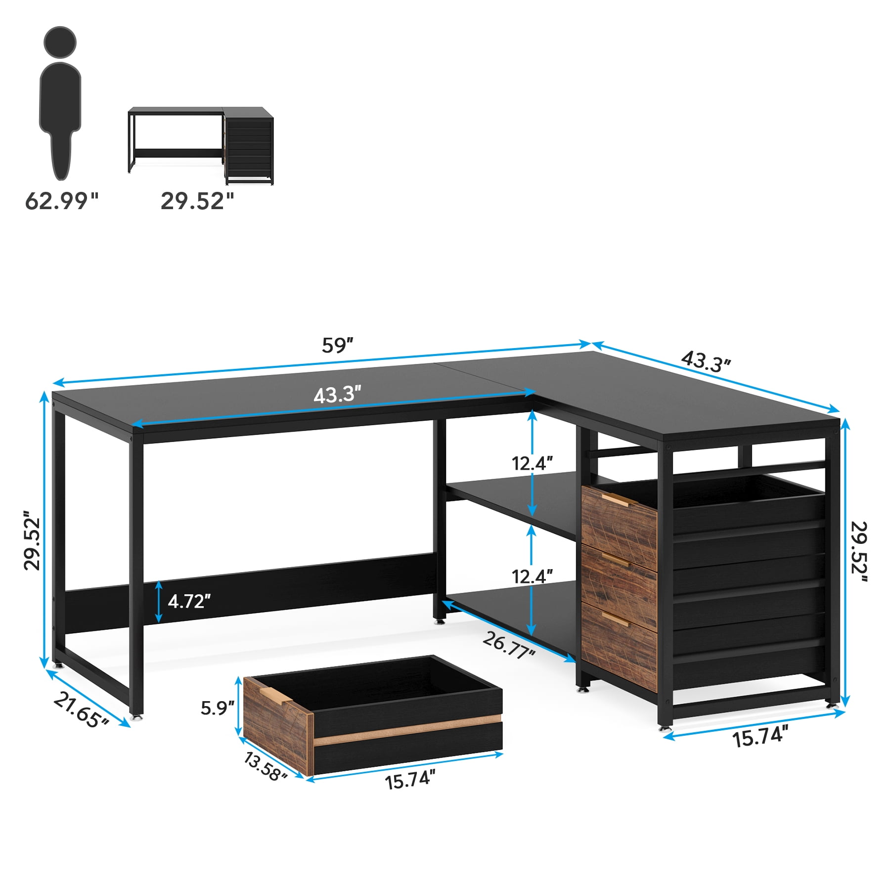 Tribesigns L-shaped Computer Desk, 59 inch Corner Desk with Drawers and Storage Shelves, Reversible Writing Study Table for Home Office, Black