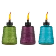 TIKI Carnival Glass Tabletop Torches, 3-Pack – Decorative Outdoor Tiki Torches for Patio, Backyard & Garden – Portable Glass Flame Torches in Blue, Green & Purple – 6-Inch