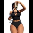 thumbnail image 2 of Conjuntos de Bikini para Mujer, de Cintura Alta, Acanalados, con Cuello Halter y Cordón Fruncido, de Dos Piezas. Negro XL, 2 of 9