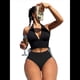 thumbnail image 2 of Conjuntos de Bikini para Mujer, de Cintura Alta, Acanalados, con Cuello Halter y Cordón Fruncido, de Dos Piezas. Negro XL, 2 of 9