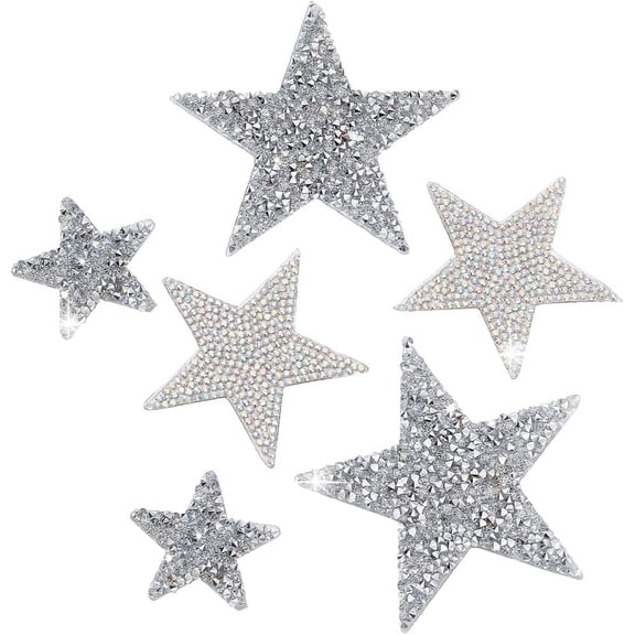 Star Patches 6 pcs 3 Sizes Iron On Patches Star Glitter Rhinestone Stickers Silver Iron on Stars Bling Patch Rhinestone Patch for Jeans Dress Home Decoration