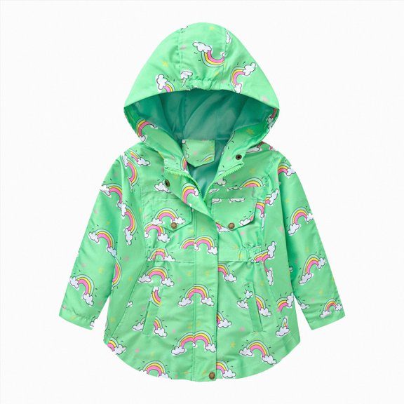 JUMEYU Toddler Girls Rainbow Print Jacket Hooded with Pocket Cotton Blend Windproof Kids Coat for Winter Sizes 2-9Y (Green,4-5 Years)