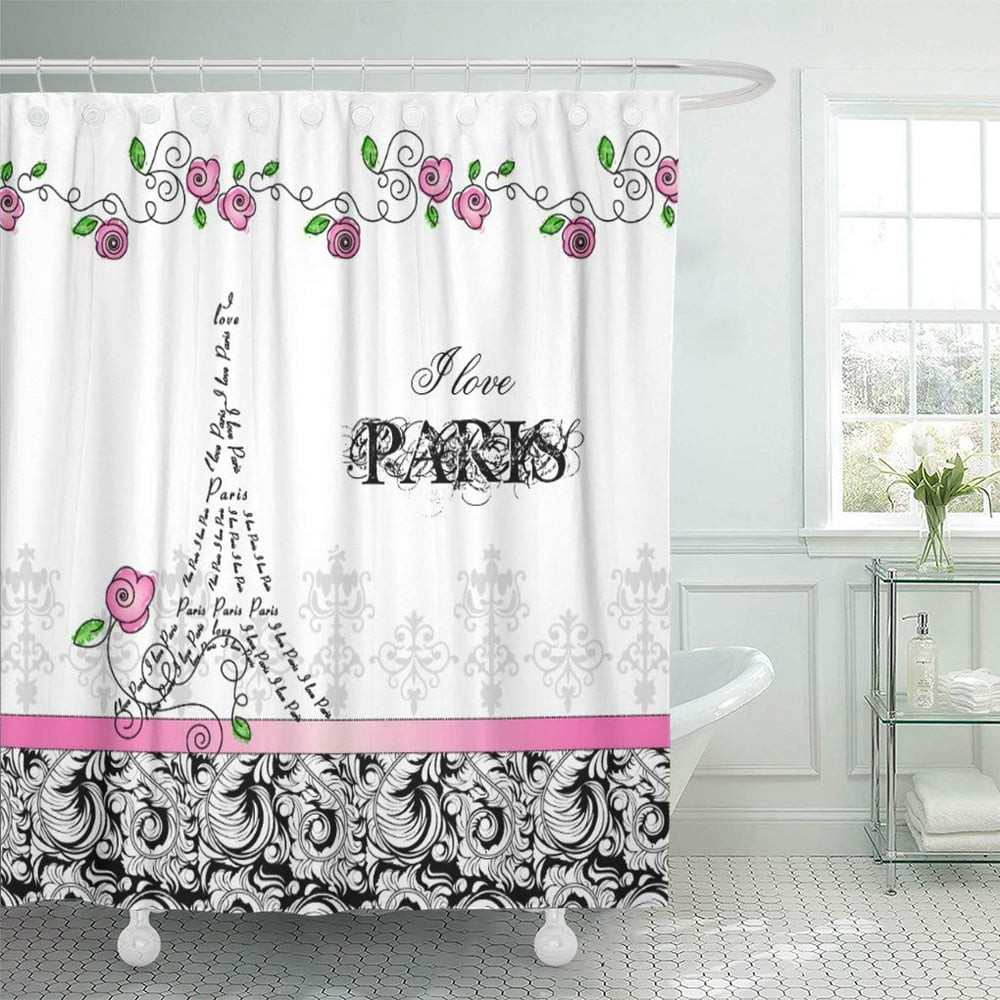 SUTTOM Eiffel I Love Paris White Pink Black Tower France Shower Curtain