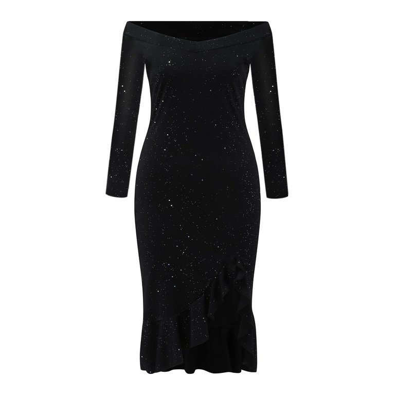 Riforla Women Fashion Solid Sequins Dress Plain Cold Shoulder Long Sleeve  Ruffle Slit Dress Wedding Guest Dresses for Women Black_003 XXL -  Walmart.com