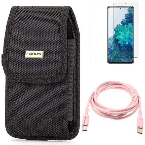 Pink 6ft Long Cable & Case Belt Clip & Screen Protector for Samsung Galaxy S20 Fan Edition - USB-C to Type-C PD Fast Charger   Rugged Holster   Anti-Glare Tempered Glass Combo