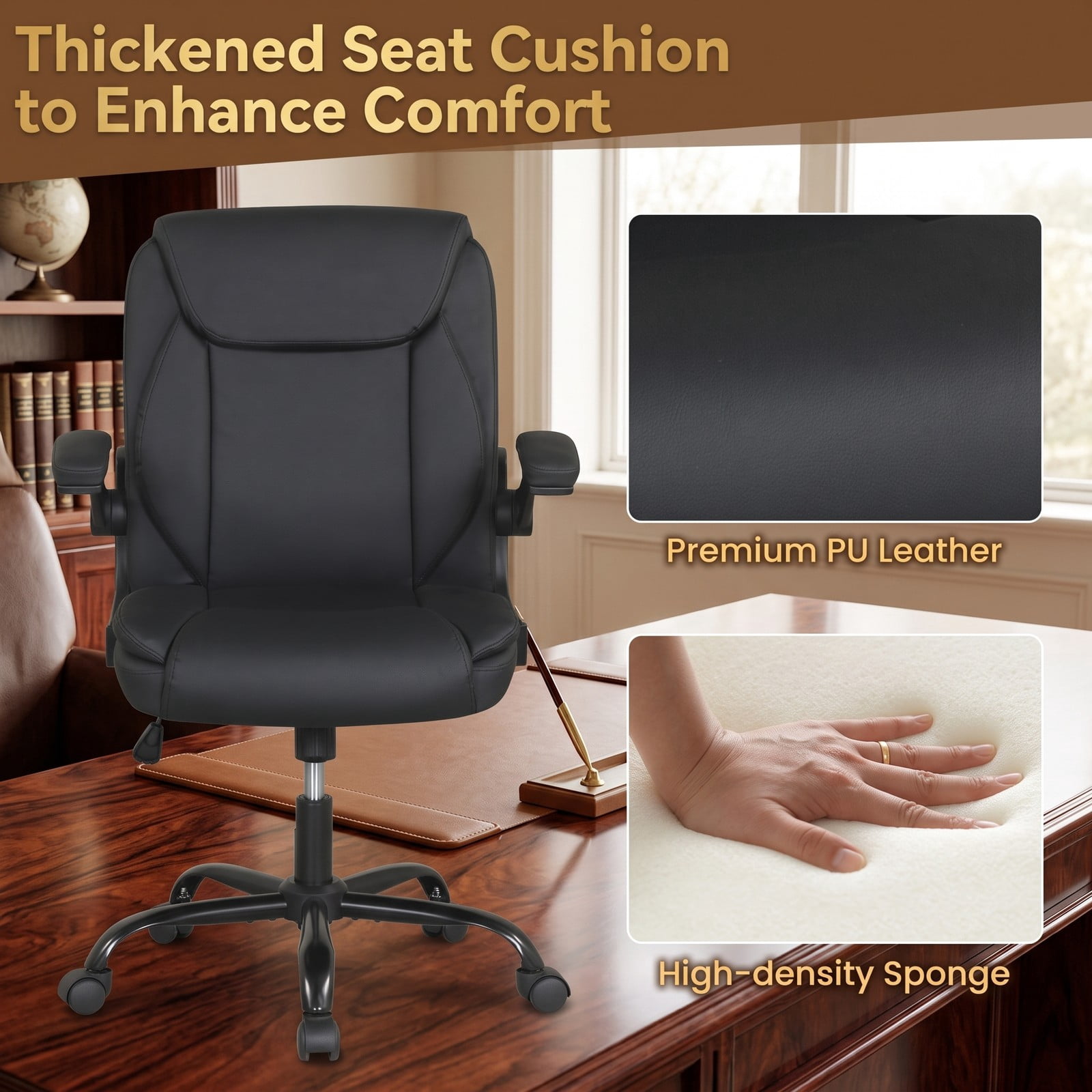 Furnibear Ergonomic Leather Office Chair, High Back PU Leather Executive Desk Chair with Flip-up Armrests, Rocking Function, Adjustable Height and Swivel for, Black