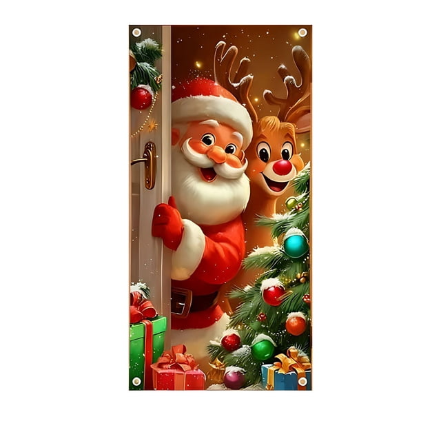 Eoozwa Christmas Door Cover Reindeer Santa Claus Banner Photo Backdrop Background Santa Door Hanging Banner Winter Holiday Christmas Eve New Year Home Party Decoration Supplies 71x35in