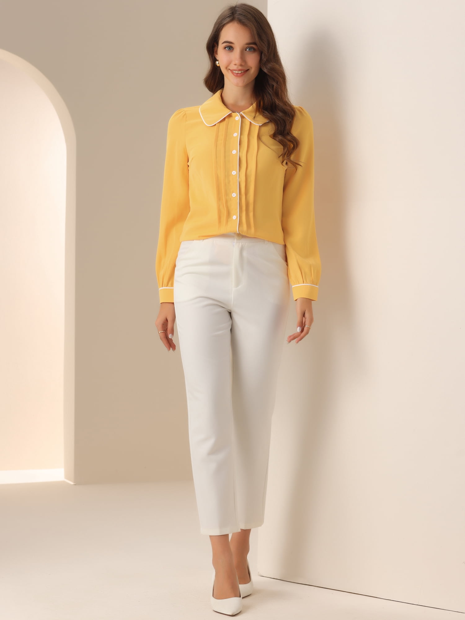 DARING DIVA Women's Peter Pan Collar Shirt Puff Sleeve Blouse Tops XS Yellow