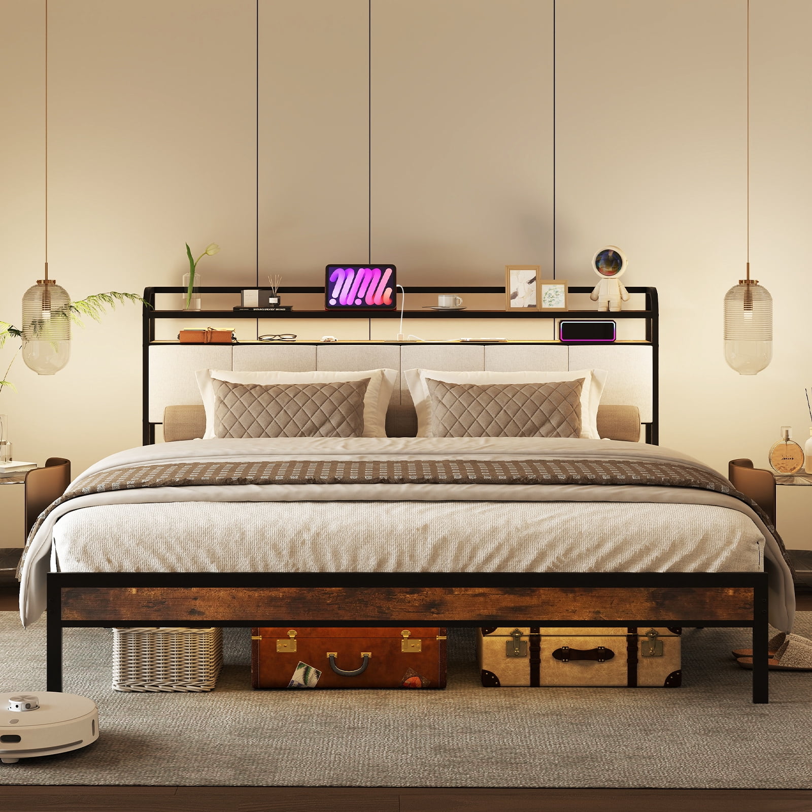 Topbuy King Size Bed Frame w/Charging Station Metal Platform Bed w/ Upholstered Headboard