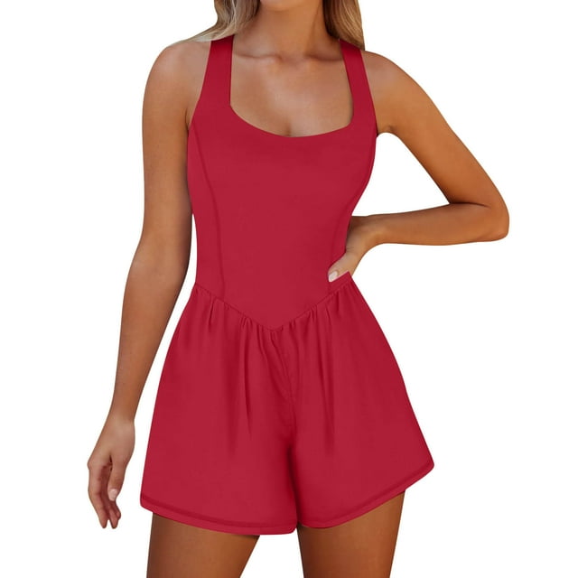 LOVZFMLL Combinaison d'Entraînement pour Femmes Combinaison de Course Courte Tenues d'Été Décontractées Vêtements de Yoga Rouge m