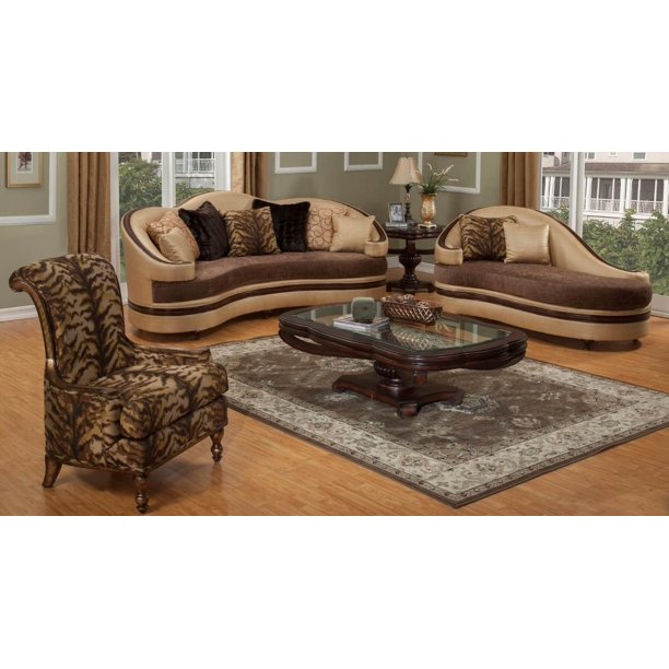 Benetti S Emma Luxury Golden Beige Dark Brown Living Room Sofa Set 4pcs Classic Walmart Com Walmart Com