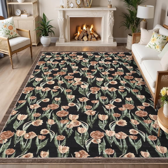 Washable Floral Area Rug 6x9, Vintage Tulip Print Accent Rug for Living Room Bedroom Dining Room, Soft Low-Pile Indoor Carpet, Non-Slip Decorative Rugs for Home Decor, Black