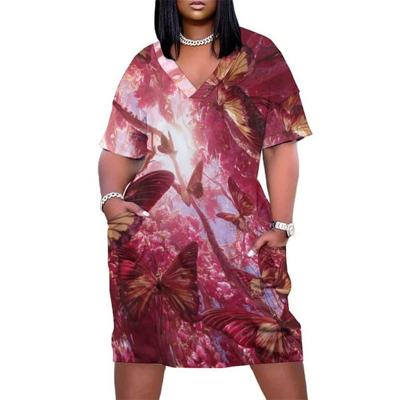 Pink Butterflies Blossom Magical Dreamland Women's Summer Short Sleeve Casual Dresses Party Dress