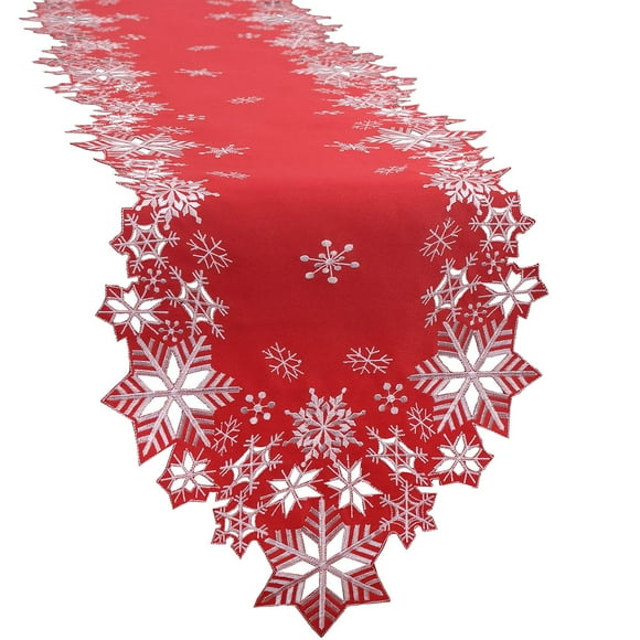 Tapete de mesa Simhomsen bordado con copos de nieve, color rojo navideño