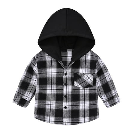 

KDFJPTH Boys Girls Long Sleeve Casual Plaid Prints Gentleman Hooded Holiday Shirts T Shirt Toddler Tops