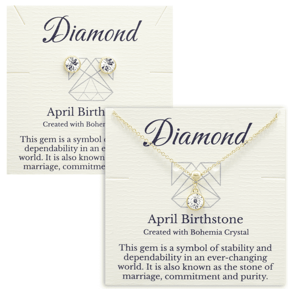 Gold April Birthstone Necklace and Stud Earrings Set with Bohemian Crystals, 14K Gold Plated, Birthday Month Gift, Great for Mom.