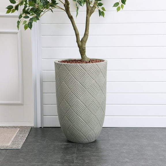 LuxenHome Gray Glen Pattern 22.4-Inch Tall MgO Round Planter, Indoor and Outdoor