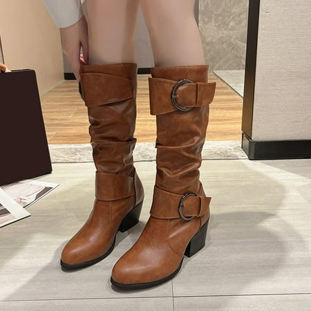 

Cathalem Casual Boots for Women Wide Calf Fashion Women Square Heels Artificial Leather Buckle Strap Boots for Women Mid Heels Brown 9