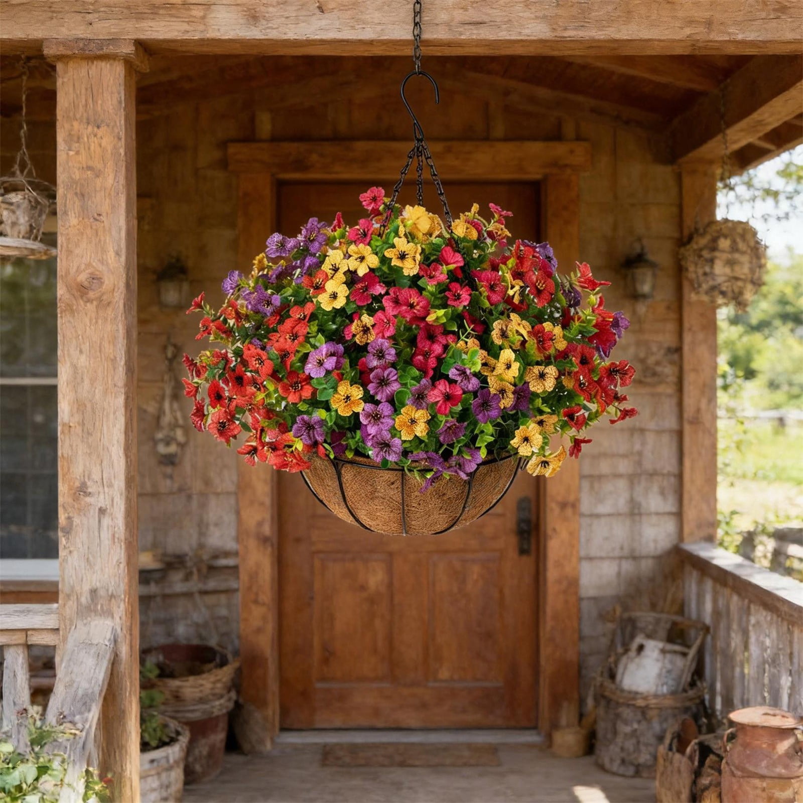 Wmkox8yii Artificial Floral Hanging Basket,Multicolor Blooms with Coconut Liner for Spring Summer,Front Porch,Balcony,Garden,Patio Decor