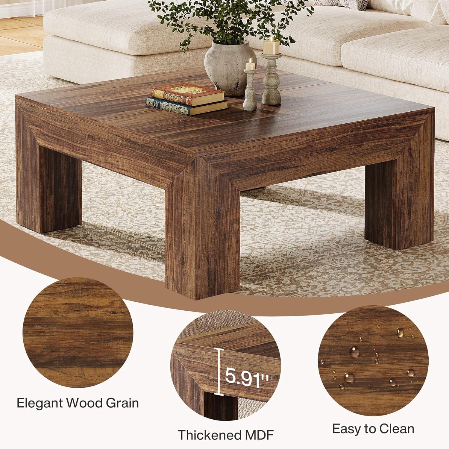 Finmind 39.4-Inch Square Coffee Table for Living Room, Farmhouse All Wood Accent Center Cocktail Table