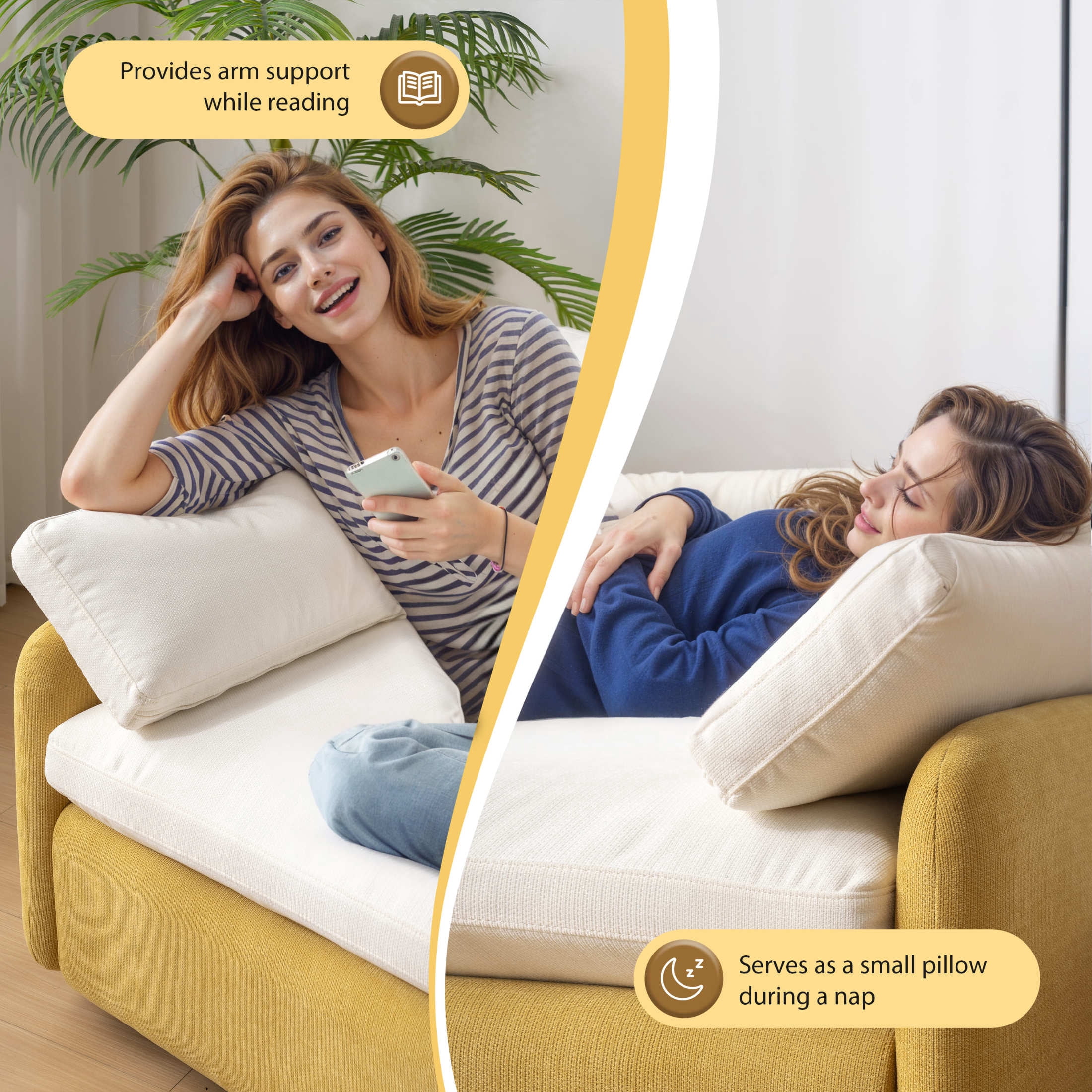 Noble House Iveron Oversized Chenille Upholstered Single Sofa Chair, Armchair Couch with Armrest Pillows, Yellow & Cream
