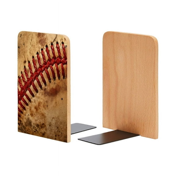 Bookends 1 Pair Non-Skid Bookend Wood Bookends for Shelves Book Stand for CDs - Baseball Stitching Showing The Red Thread