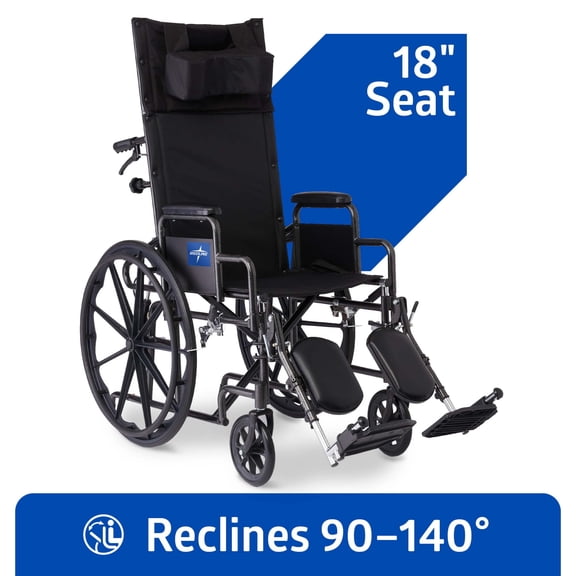 Medline Reclining Wheelchair with 18 in Wheels, Elevating Leg Rests, Supports up to 300 lbs, Black